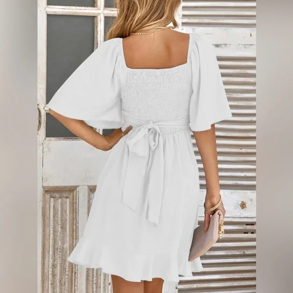 NWT Elastic Waist Tiered Belted Ruffle Hem Mini Dress, MULTI COLORS AVAILABLE